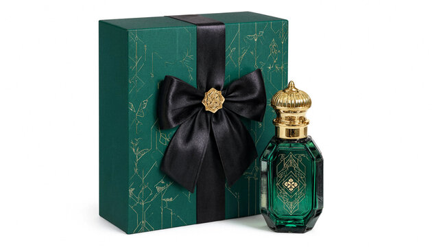 Luxury green perfume bottle with a matching elegant gift box and black satin ribbon bow