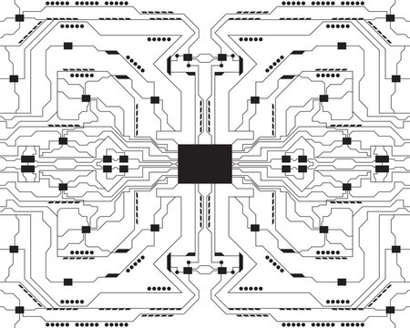 Symmetrical Circuit Board Pattern with Central Microchip.Premium Handmade Vector