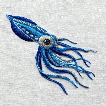 Intricate Blue Squid Embroidery Patch With Metallic Thread Details On Light Textured White Background