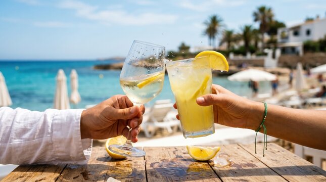 Two hands clinking glasses of white wine and yellow cocktail on a wooden table with beach umbrellas and blue ocean in the background.