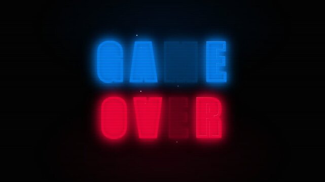 A vibrant digital arcade display shows the phrase game over written in glowing blue and red neon letters that signify the final conclusion of an intense session for players inside the virtual
