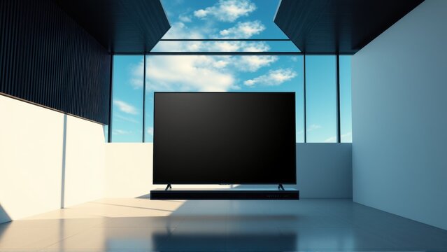 Minimalist room features large screen television facing expansive window. Bright sky visible, creating stark contrast with interior space. Clean lines dominate.