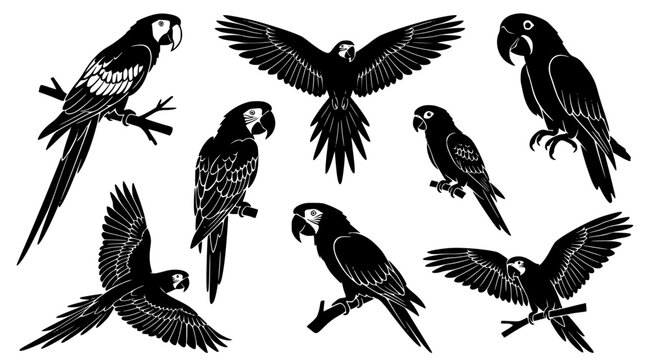 Stunning parrot and exotic bird silhouettes in flight and perched positions isolated on transparent background for tropical themed design
