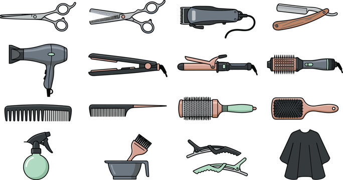 Hair salon and barber tools collection featuring scissors, clippers, razors, combs, brushes, hairdryer and styling accessories vector illustration