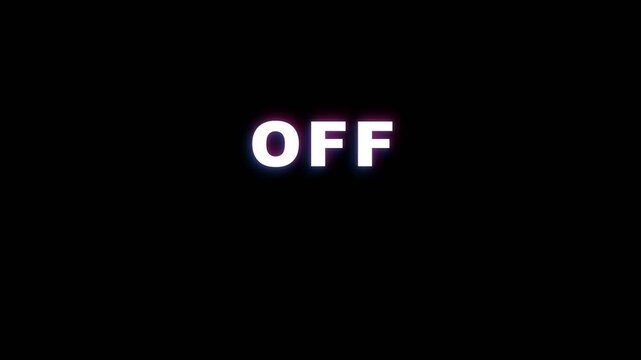 A glowing neon text sign displays the word OFF in vibrant letters radiating energy to indicate power deactivation status for electrical equipment or technological systems within a dark