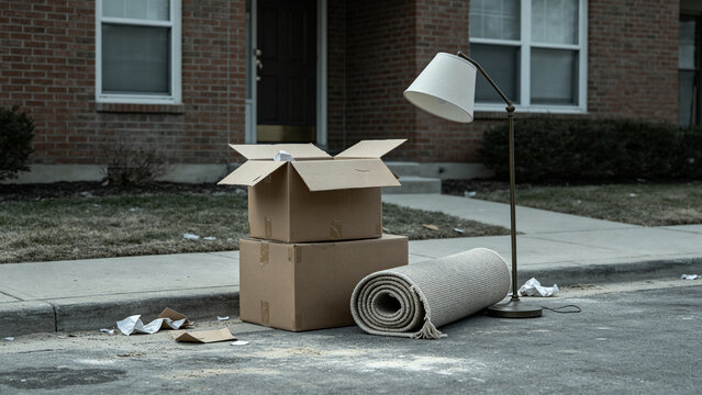 Cardboard moving boxes, rolled rug and standing lamp on curb outside brick apartment house, eviction and moving day concept