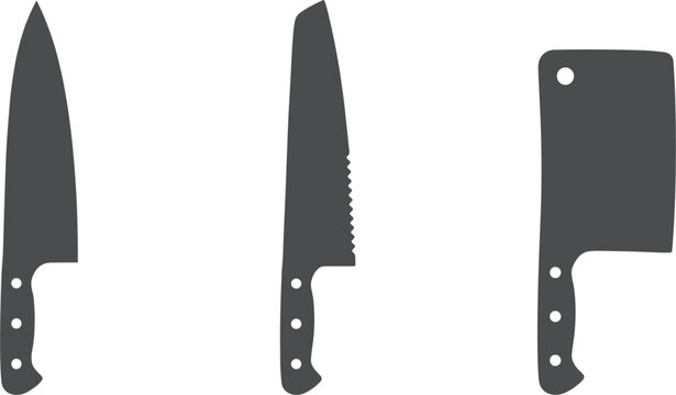 Kitchen knife silhouette icon collection, chef knife, serrated bread slicer, meat cleaver flat vector illustration set