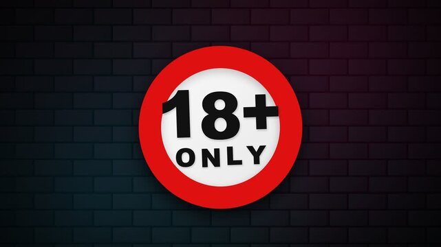 A circular warning signage symbol indicating that content is restricted to adults over eighteen years of age sits mounted upon a dark masonry wall surface to communicate legal age requirements