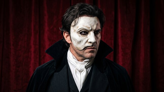 Handsome Man in Phantom of the Opera Costume Wearing Half Mask Against Red Velvet Curtain Background