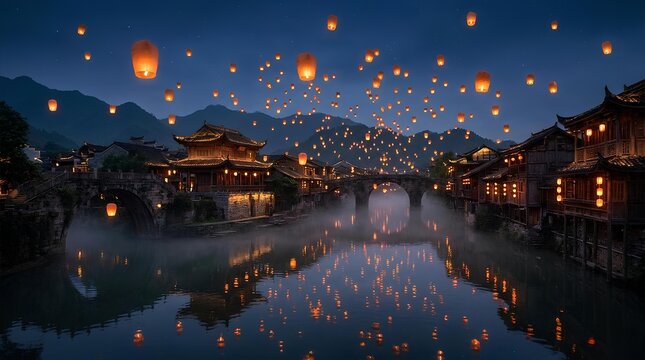 Floating lanterns over ancient Chinese town and river.