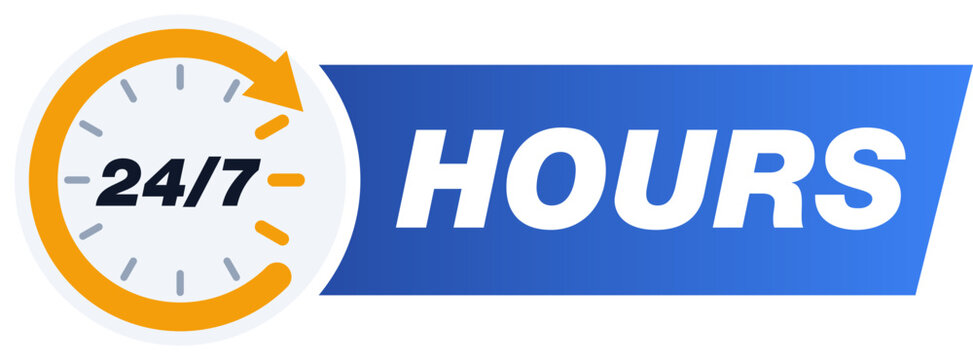 24 Hours Service Promotional Badge with Circular Arrow Clock Icon and Blue Ribbon for Nonstop Business Support, Fast Delivery and Always Open