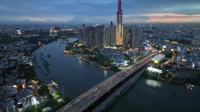 Night aerial view of the skyline of Ho Chi Minh City, Vietnam