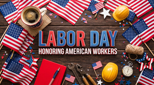 Labor Day honoring American workers banner with flags and tools.