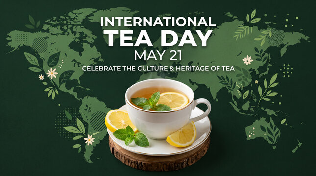 International Tea Day May 21 graphic with world map and cup of lemon tea.