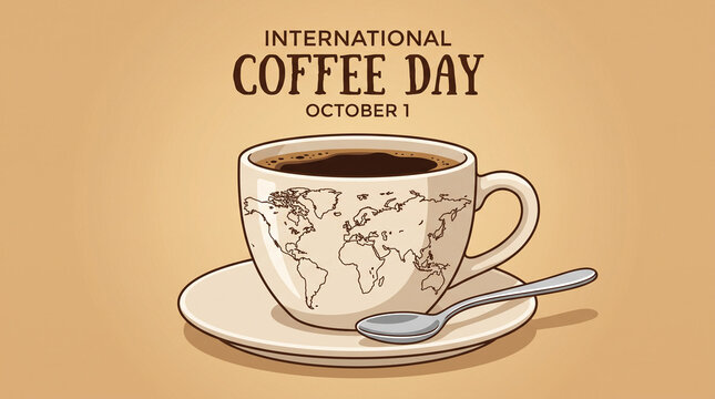 Minimalist illustration of coffee cup with world map on vintage background for International Coffee Day.