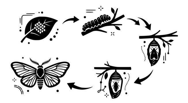Moth metamorphosis life cycle vector illustration showing eggs caterpillar pupa and adult moth stages on isolated transparent background