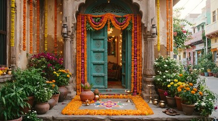 Fototapeta premium Traditional indian house entrance decorated for festival with marigold flowers and rangoli