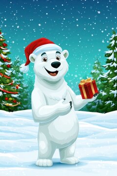 Cheerful Polar Bear Holding Christmas Gift in Snow