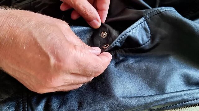 Reviewing black leather jacket pocket close up indoors, highlighting fashion detail, stitching, texture, and craftsmanship for apparel inspection, product style