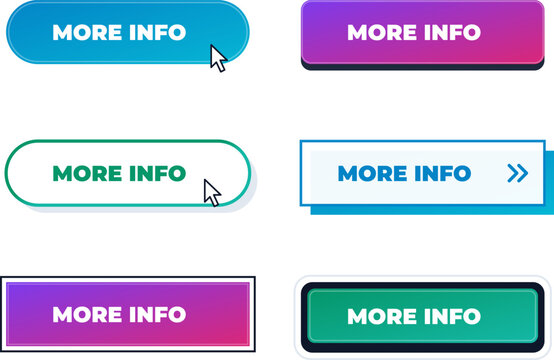 More Info Call To Action Button Set with Mouse Cursor Pointer Icon for Website Navigation, Mobile App Interface and Digital Marketing Layouts
