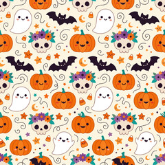 Fototapeta premium Cute Halloween Pattern with Ghosts, Skulls, and Pumpkins