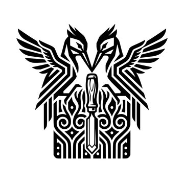 Two Crane Emblem: An artistic emblem featuring two stylized cranes with outstretched wings framing a decorative dagger, all set against an intricate patterned background.