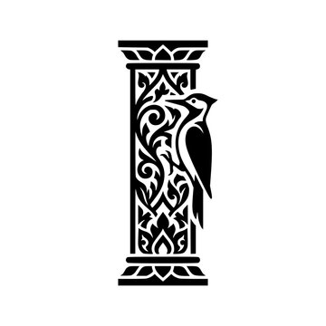 Ornate Pillar with Woodpecker: A stylized woodpecker perched on a column adorned with intricate, ornamental patterns, showcasing a blend of nature and classical design elements.