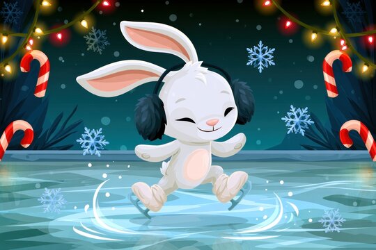 Adorable Bunny Ice Skating Under Holiday Lights