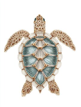 Intricate Sea Turtle Ornament With Golden Filigree And Teal Enamel Accents On White Background