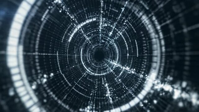 Abstract Digital Tunnel Futuristic Technology Network Connection, Particle Data Flow, Glow Movement into Unknown, Seamless Connectivity