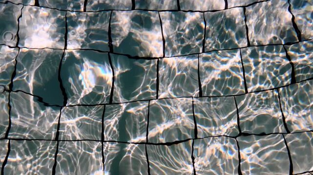 Sunlight creates moving golden patterns across dark swimming pool tiles