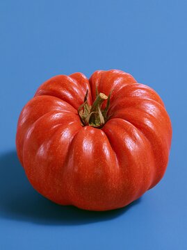 Fresh ripe large heirloom tomato with deep red ribbed skin and green stem placed on solid light blue background showing fresh organic garden vegetable