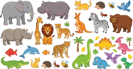 Cute Wildlife and Dinosaur Animal Collection with Elephant, Hippopotamus, Giraffe, Lion, Zebra, Kangaroo, Crocodile, Birds and Prehistoric Characters © MstShahida