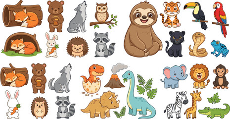 Naklejka premium Cute Wildlife Animal Collection with Fox, Bear, Wolf, Owl, Sloth, Tiger, Parrot, Dinosaur, Elephant, Lion, Zebra and Giraffe Characters