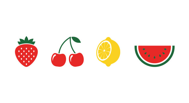 Colorful icons of various fresh fruits on white background with four simple illustrations fruits strawberry two cherries lemon slice watermelon