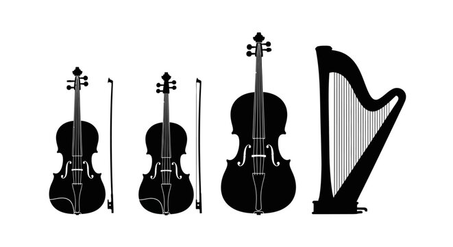 Silhouettes of violins and a harp on white background with black silhouettes three bows white instrument orchestra symphony classic harmony with graphic