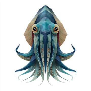 Low Poly Geometric Blue Squid Illustration On Isolated White Background