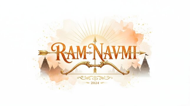 Ram navmi 2024 greeting card design with elegant golden typography, a bow and arrow symbol, and a silhouette of a temple against a soft watercolor background