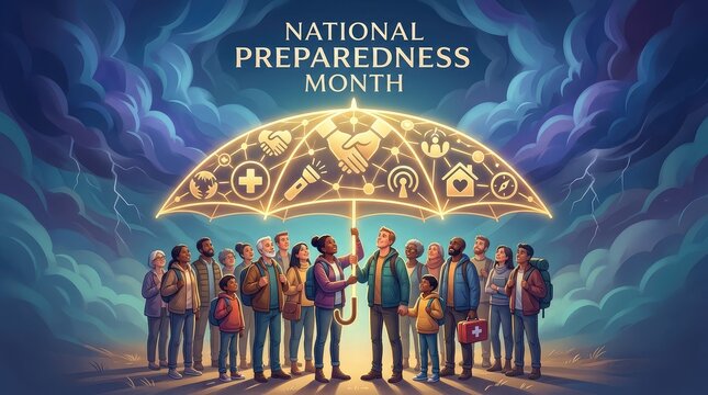National Preparedness Month banner with family standing under protective glowing umbrella in storm