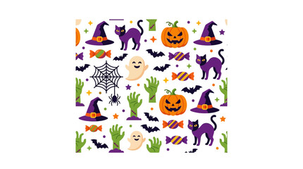 Fototapeta premium Halloween Cute Pattern with Cats, Pumpkins, and Ghosts