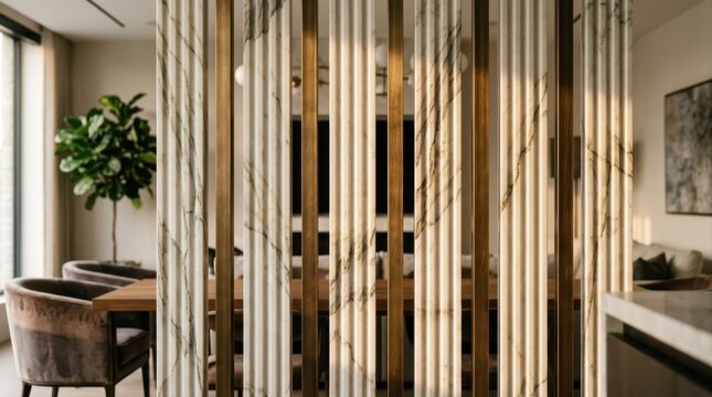 Modern interior partition with marble and brass vertical panels