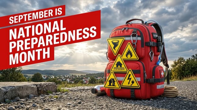 September is National Preparedness Month banner with emergency red backpack survival gear