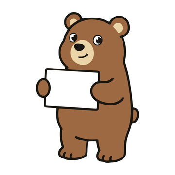 cartoon cute bear holding blank sign board for text message flat color vector illustration template design