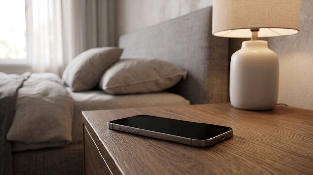 Modern smartphone on wooden nightstand in bright bedroom interior for smart home lifestyle concept.