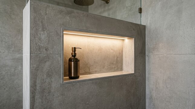 Modern luxury bathroom shower niche with LED light and soap dispenser
