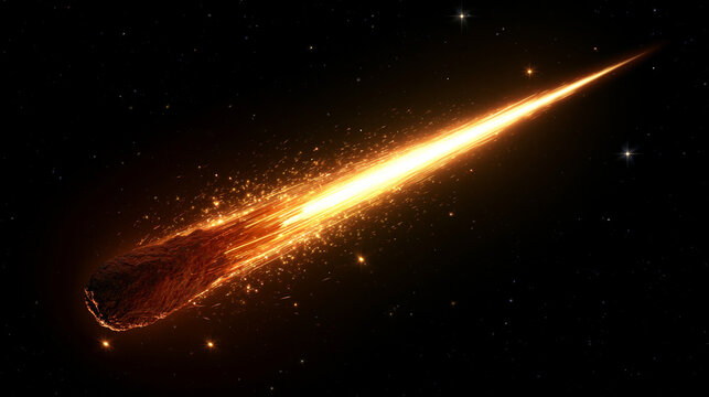Fast moving fireball with bright glowing trail and sparkling debris hurtling through deep space, fiery meteorite asteroid in night universe