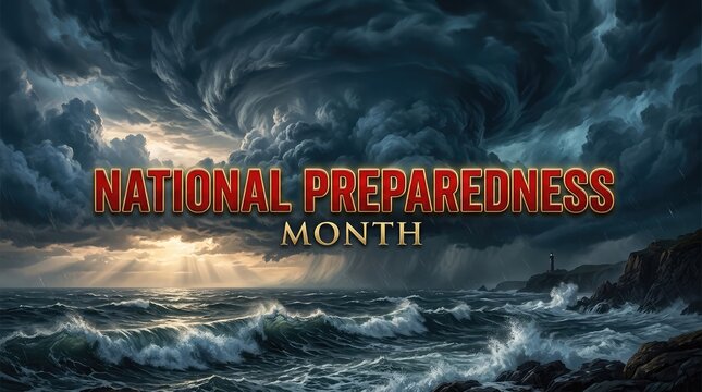 National Preparedness Month 3D cinematic text banner with severe hurricane tornado sea storm