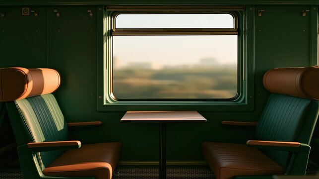 Vintage style empty train cabin with two matching green and brown leather seats by small table under large window showing blurred passing landscape during peaceful rail journey