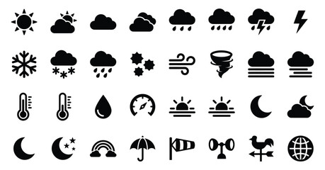Fototapeta premium Set of black weather icons representing various atmospheric conditions including sun clouds rain snow and wind