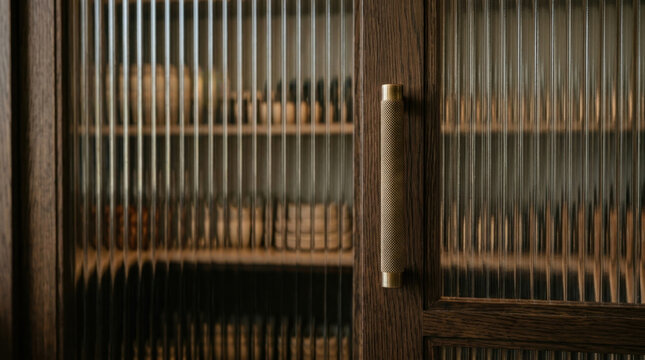 Modern wooden cabinet with ribbed glass doors and brass handle